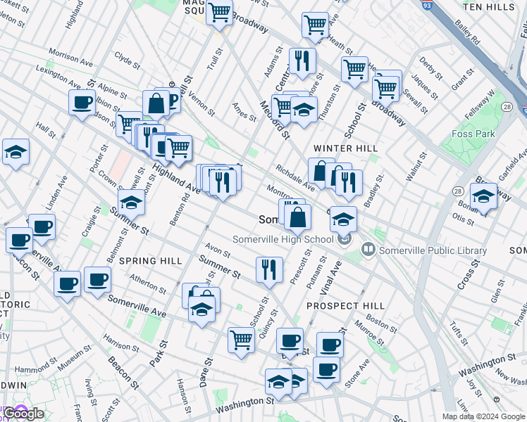 map of restaurants, bars, coffee shops, grocery stores, and more near 125 Highland Avenue in Somerville