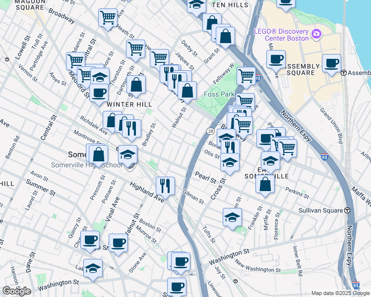 map of restaurants, bars, coffee shops, grocery stores, and more near 26 Wesley Street in Somerville