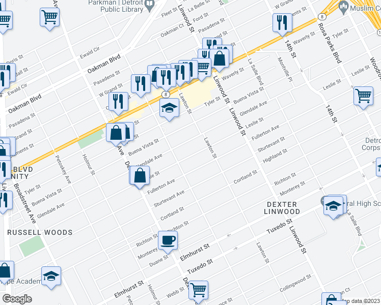 map of restaurants, bars, coffee shops, grocery stores, and more near 2986 Leslie Street in Detroit