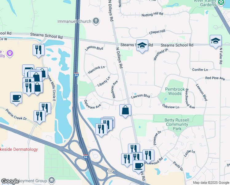 map of restaurants, bars, coffee shops, grocery stores, and more near 1937 Madison Avenue in Gurnee