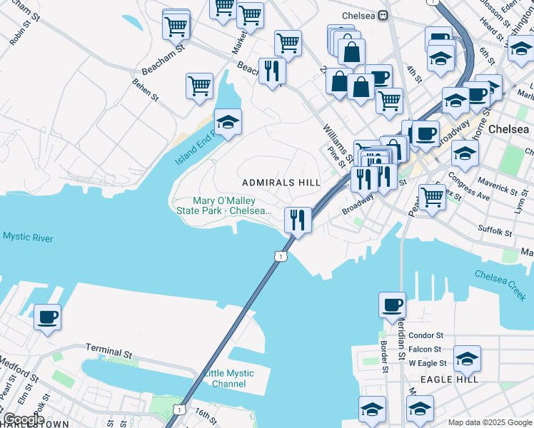 map of restaurants, bars, coffee shops, grocery stores, and more near 40 Breakwater Drive in Chelsea
