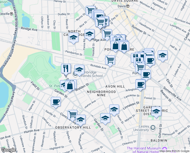 map of restaurants, bars, coffee shops, grocery stores, and more near 10 Walden Mews in Cambridge