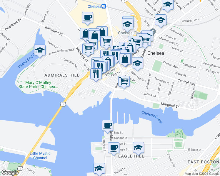 map of restaurants, bars, coffee shops, grocery stores, and more near 29 Williams Street in Chelsea