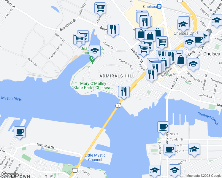 map of restaurants, bars, coffee shops, grocery stores, and more near 40 Breakwater Drive in Chelsea