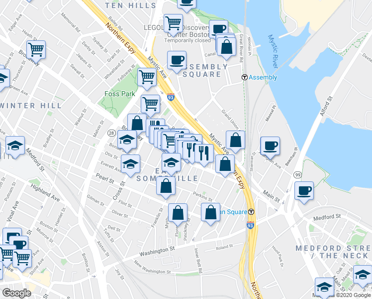 map of restaurants, bars, coffee shops, grocery stores, and more near 34 Indiana Avenue in Somerville