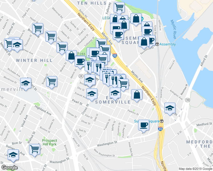 map of restaurants, bars, coffee shops, grocery stores, and more near 149 Broadway in Somerville
