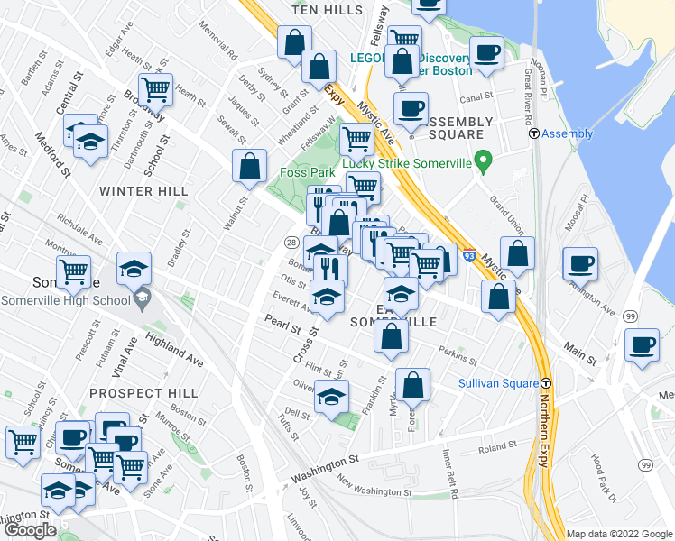 map of restaurants, bars, coffee shops, grocery stores, and more near 174 Broadway in Somerville