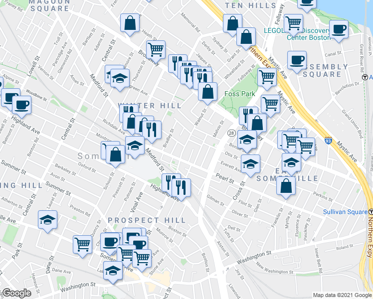 map of restaurants, bars, coffee shops, grocery stores, and more near 132 Walnut Street in Somerville