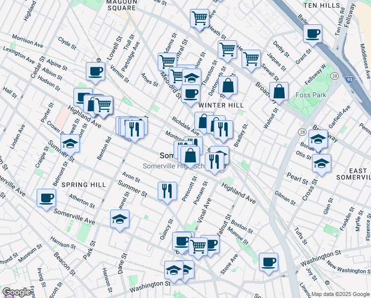 map of restaurants, bars, coffee shops, grocery stores, and more near 11 Montrose Street in Somerville