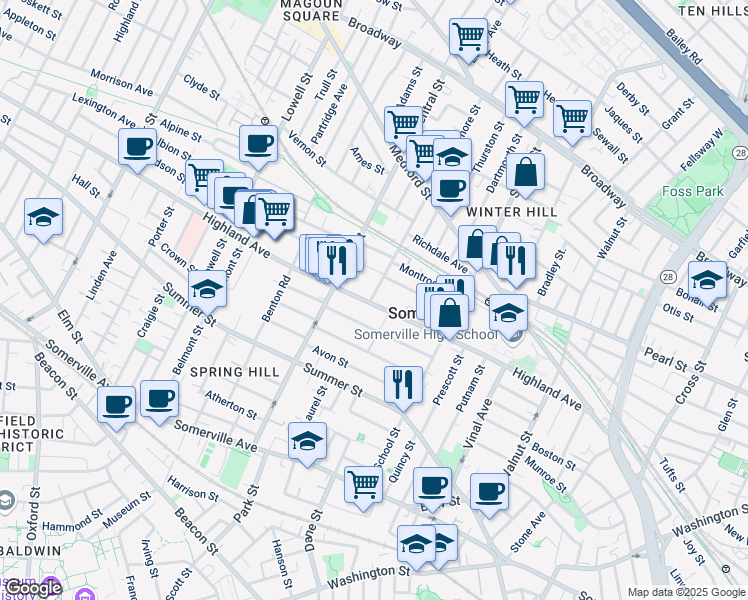 map of restaurants, bars, coffee shops, grocery stores, and more near 14 Sycamore Street in Somerville