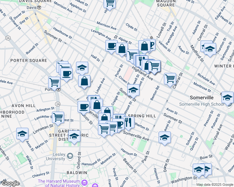 map of restaurants, bars, coffee shops, grocery stores, and more near 215 Summer Street in Somerville