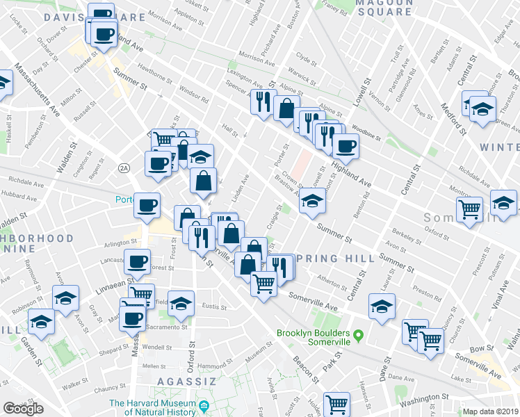 map of restaurants, bars, coffee shops, grocery stores, and more near 47 Porter Street in Somerville
