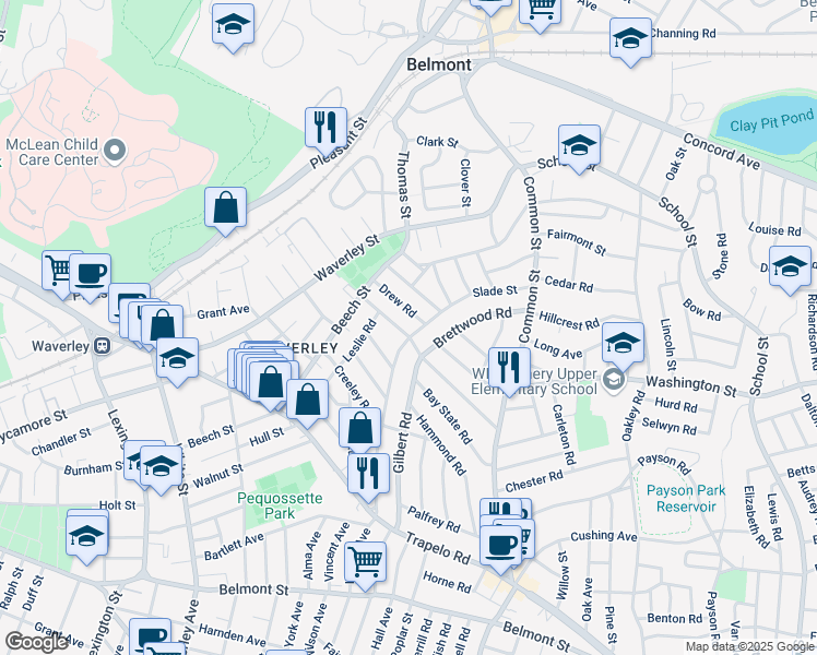 map of restaurants, bars, coffee shops, grocery stores, and more near 28 Upland Road in Belmont