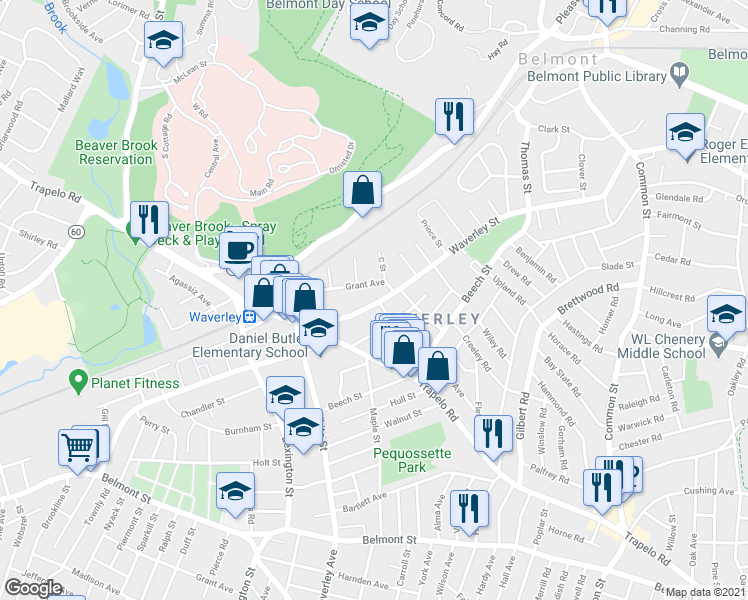 map of restaurants, bars, coffee shops, grocery stores, and more near 65 Grant Avenue in Belmont