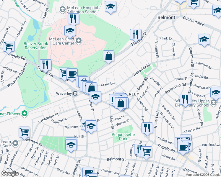 map of restaurants, bars, coffee shops, grocery stores, and more near 65 Grant Avenue in Belmont