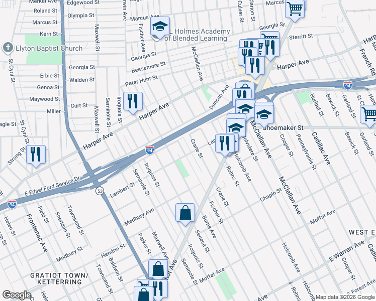 map of restaurants, bars, coffee shops, grocery stores, and more near 6126 Crane Street in Detroit