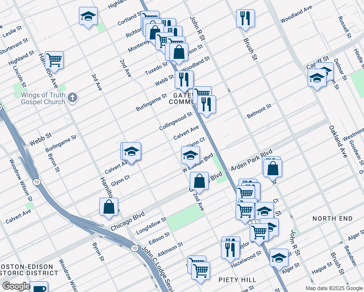 map of restaurants, bars, coffee shops, grocery stores, and more near 111 Calvert Avenue in Detroit
