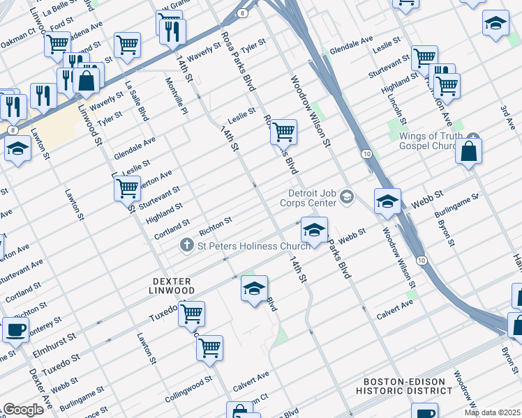 map of restaurants, bars, coffee shops, grocery stores, and more near 2020 Richton Street in Detroit