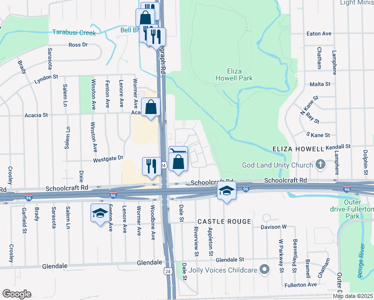 map of restaurants, bars, coffee shops, grocery stores, and more near 14075 Riverview Street in Detroit
