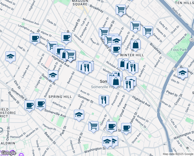 map of restaurants, bars, coffee shops, grocery stores, and more near 129 Highland Avenue in Somerville