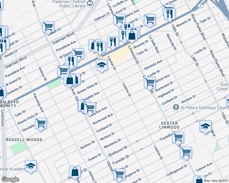 map of restaurants, bars, coffee shops, grocery stores, and more near 2984 Leslie Street in Detroit