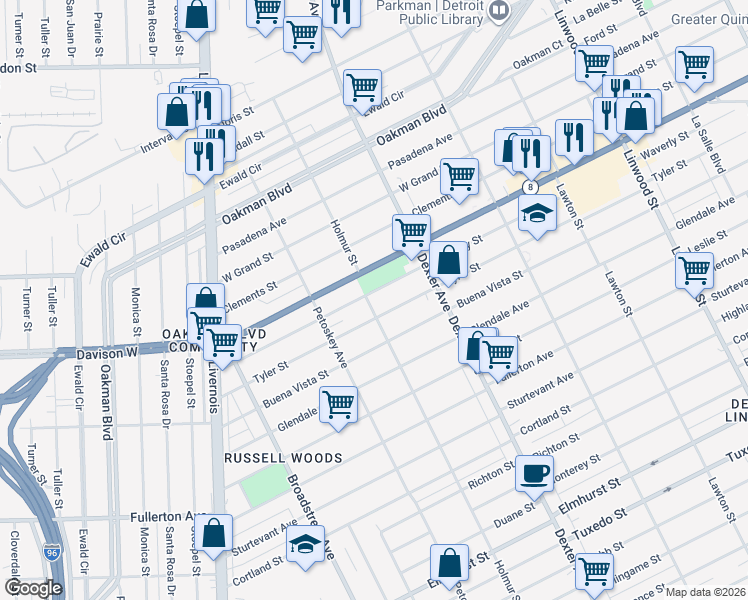 map of restaurants, bars, coffee shops, grocery stores, and more near 3839 Waverly Street in Detroit