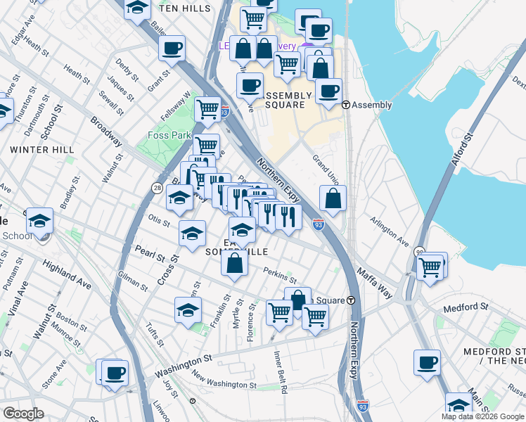 map of restaurants, bars, coffee shops, grocery stores, and more near 18 Indiana Avenue in Somerville
