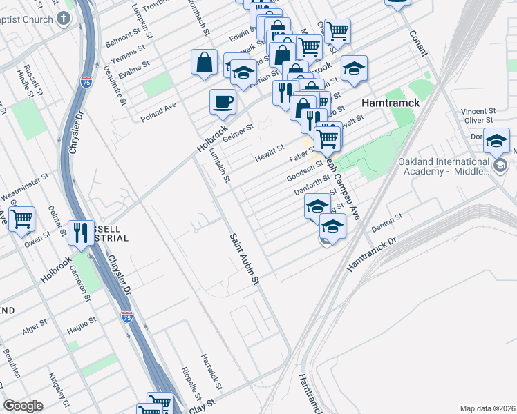 map of restaurants, bars, coffee shops, grocery stores, and more near 2254 Goodson Street in Hamtramck