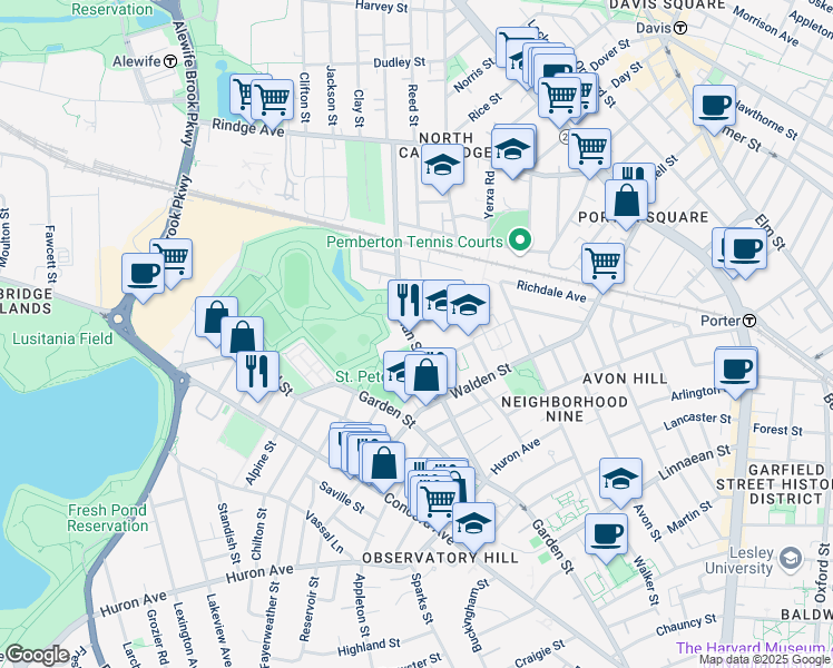 map of restaurants, bars, coffee shops, grocery stores, and more near 74 Sherman Street in Cambridge