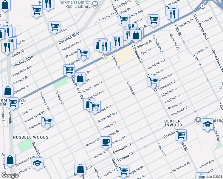 map of restaurants, bars, coffee shops, grocery stores, and more near 3046 Glendale Avenue in Detroit