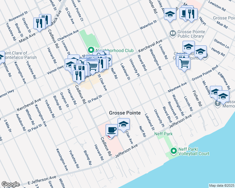 map of restaurants, bars, coffee shops, grocery stores, and more near 515 Neff Road in Grosse Pointe