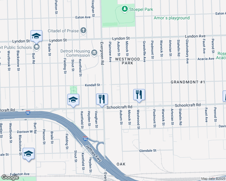 map of restaurants, bars, coffee shops, grocery stores, and more near 14020 Plainview Avenue in Detroit