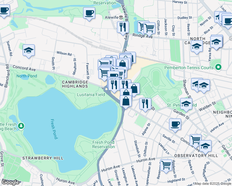 map of restaurants, bars, coffee shops, grocery stores, and more near 220 Alewife Brook Parkway in Cambridge