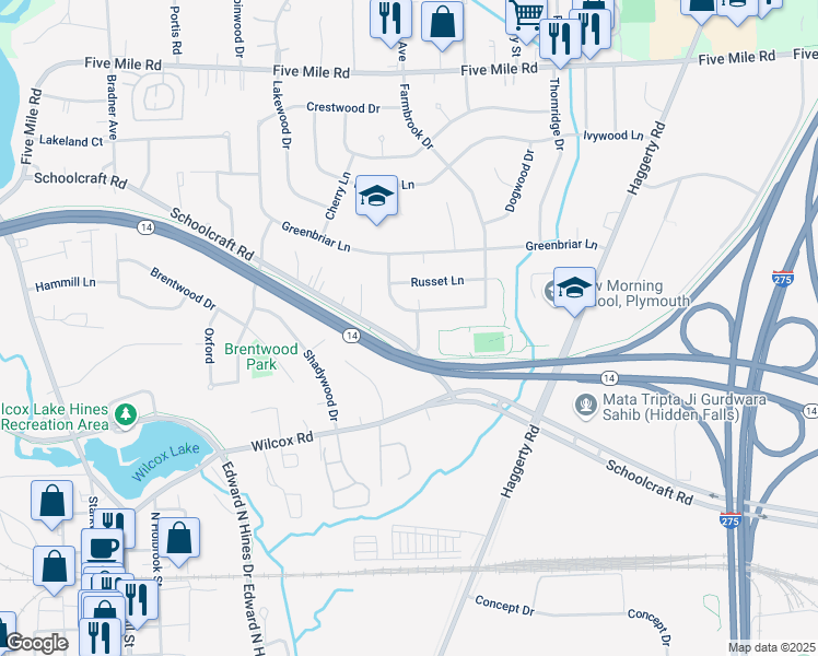 map of restaurants, bars, coffee shops, grocery stores, and more near 14445 Huntington Drive in Plymouth