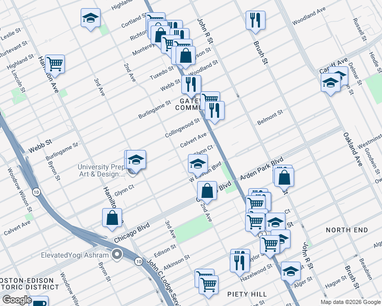 map of restaurants, bars, coffee shops, grocery stores, and more near 111 Calvert Avenue in Detroit