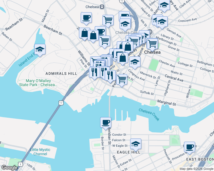 map of restaurants, bars, coffee shops, grocery stores, and more near 73 Winnisimmet Street in Chelsea