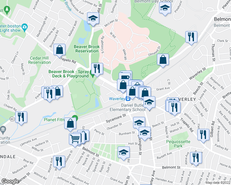 map of restaurants, bars, coffee shops, grocery stores, and more near 25 Agassiz Avenue in Belmont