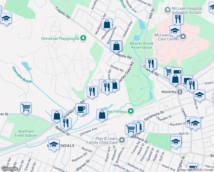 map of restaurants, bars, coffee shops, grocery stores, and more near 61 Parkview Road in Waltham