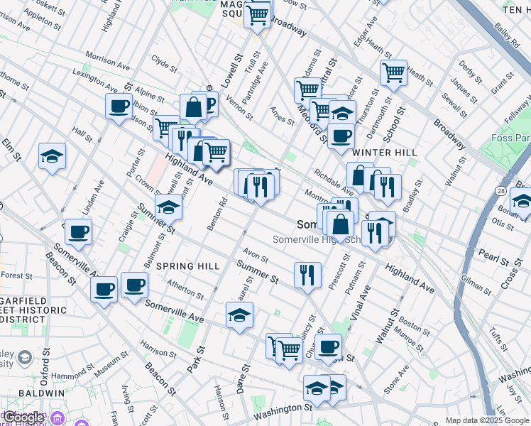 map of restaurants, bars, coffee shops, grocery stores, and more near 149a Highland Avenue in Somerville