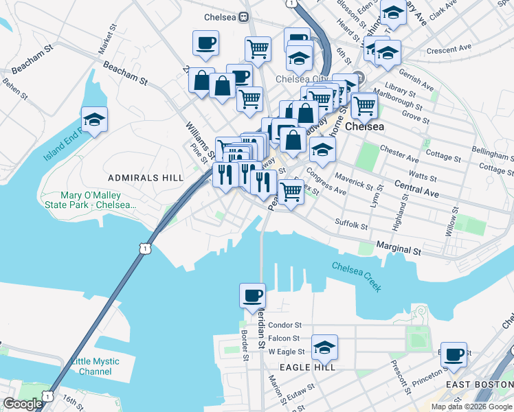 map of restaurants, bars, coffee shops, grocery stores, and more near 29 Williams Street in Chelsea