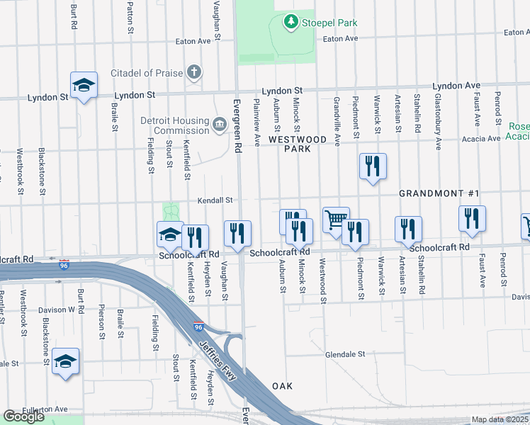 map of restaurants, bars, coffee shops, grocery stores, and more near 14020 Plainview Avenue in Detroit