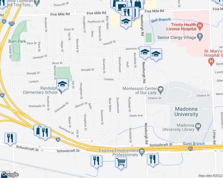 map of restaurants, bars, coffee shops, grocery stores, and more near 14440 Blue Skies Street in Livonia