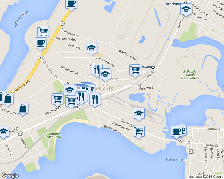 map of restaurants, bars, coffee shops, grocery stores, and more near 231 Leyden Street in Boston