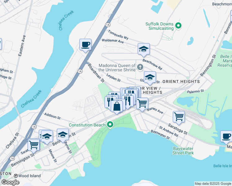 map of restaurants, bars, coffee shops, grocery stores, and more near 91 Ashley Street in Boston
