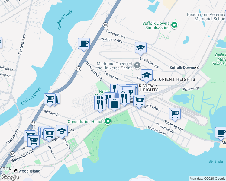 map of restaurants, bars, coffee shops, grocery stores, and more near 91 Ashley Street in Boston