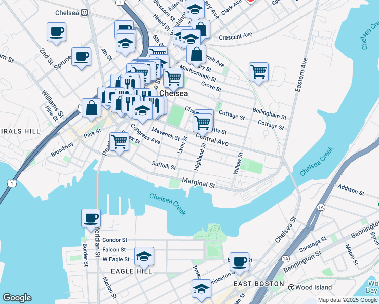 map of restaurants, bars, coffee shops, grocery stores, and more near 95 Maverick Street in Chelsea
