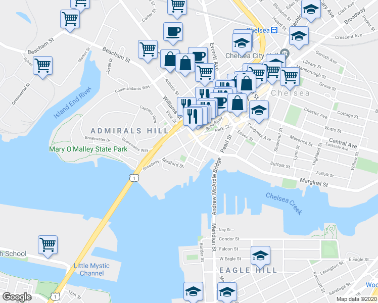 map of restaurants, bars, coffee shops, grocery stores, and more near 105 Broadway in Chelsea