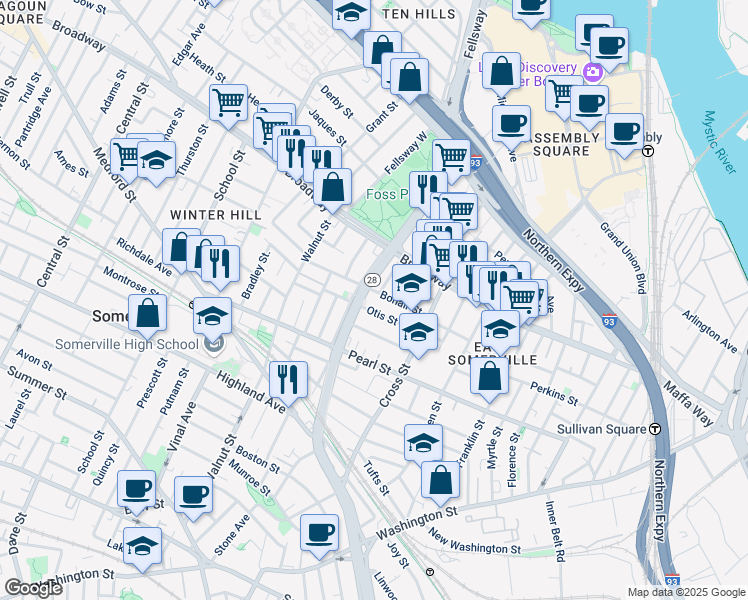 map of restaurants, bars, coffee shops, grocery stores, and more near in Somerville