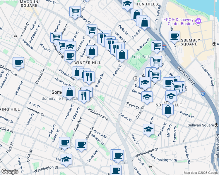 map of restaurants, bars, coffee shops, grocery stores, and more near 132 Walnut Street in Somerville