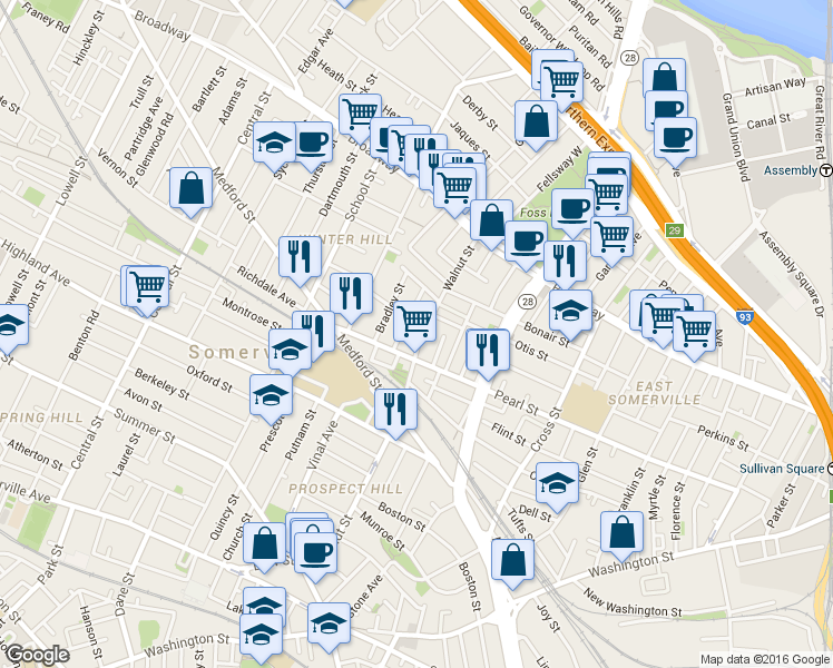map of restaurants, bars, coffee shops, grocery stores, and more near 132 Walnut Street in Somerville